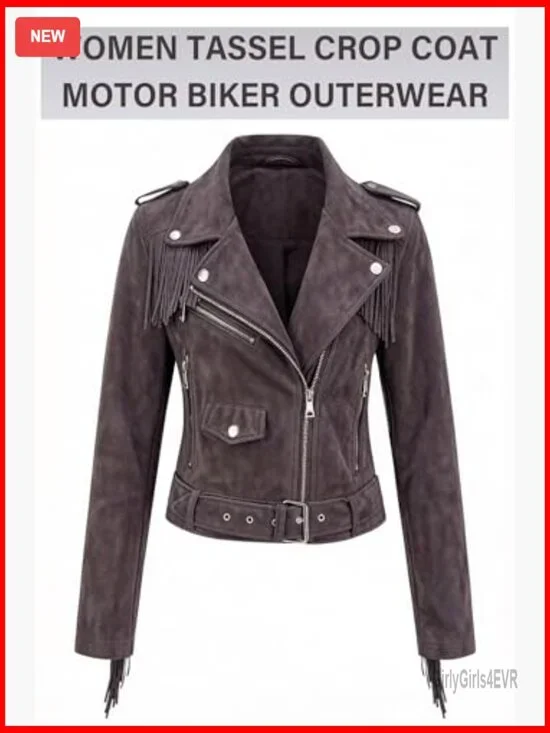 Faux Leather Moto Jacket with Tassel Trim and Adjustable Belt - Picture 4 of 7